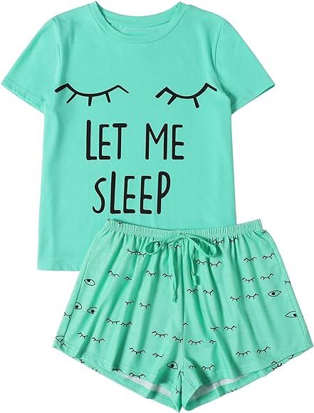 Women's Sleepwear Closed Eyes Print Tee and Shorts Pajama Set | Amazon (US)
