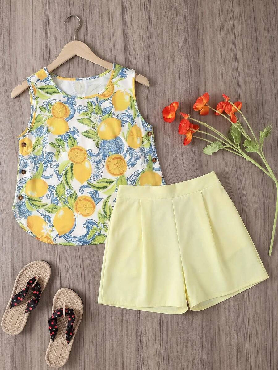 Spring/Summer Lemon Print Sleeveless Shorts 2 Pieces Set, Bohemian Style, Dopamine Vibe, Suitable... | SHEIN