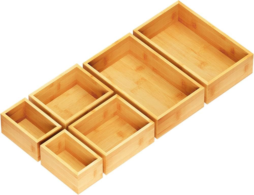 SpaceAid 6 Pcs Bamboo Drawer Organizer Storage Box Set, Multi-Use Drawer Organizer Bin for Kitche... | Amazon (US)