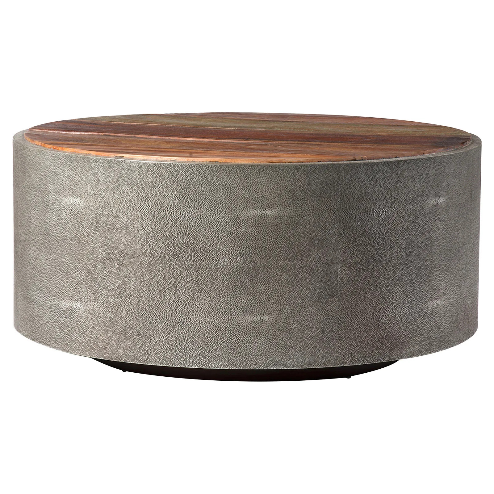 Dieter Rustic Modern Grey Faux Shagreen Wood Round Coffee Table | Kathy Kuo Home