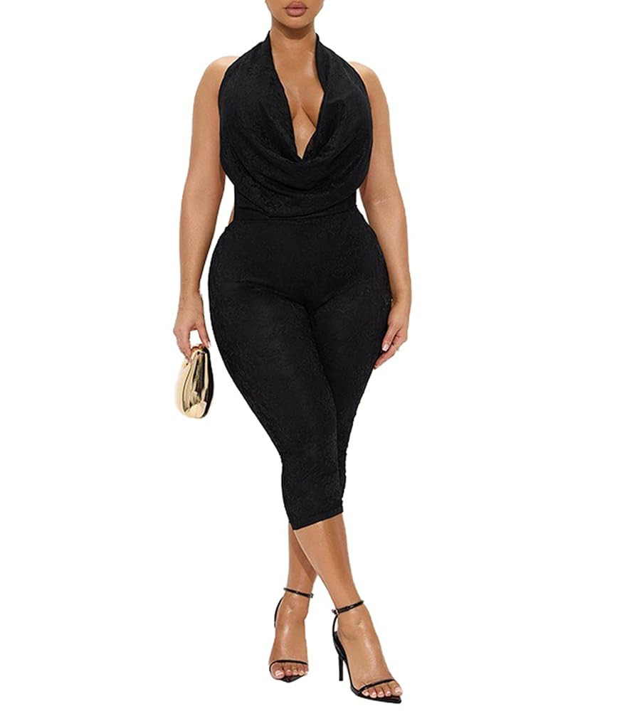 Sexy Jumpsuit for Women Lace Sleeveless Halter Neck Rompers Trendy Club Party Outfits | Amazon (US)