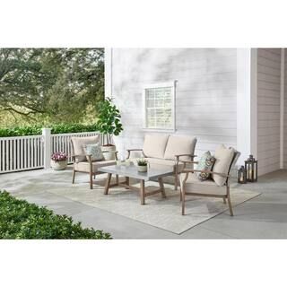 Hampton Bay Beachside 4-Piece Rope Look Wicker Outdoor Patio Conversation Seating Set with Cushio... | The Home Depot