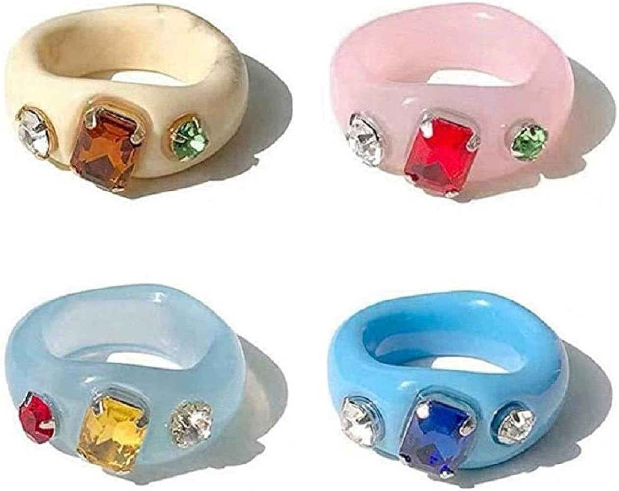 4 Pcs Retro Acrylic Resin Colorful Ring Spring Diamond Ring Vintage Resin Jewelry Acrylic Party E... | Amazon (US)