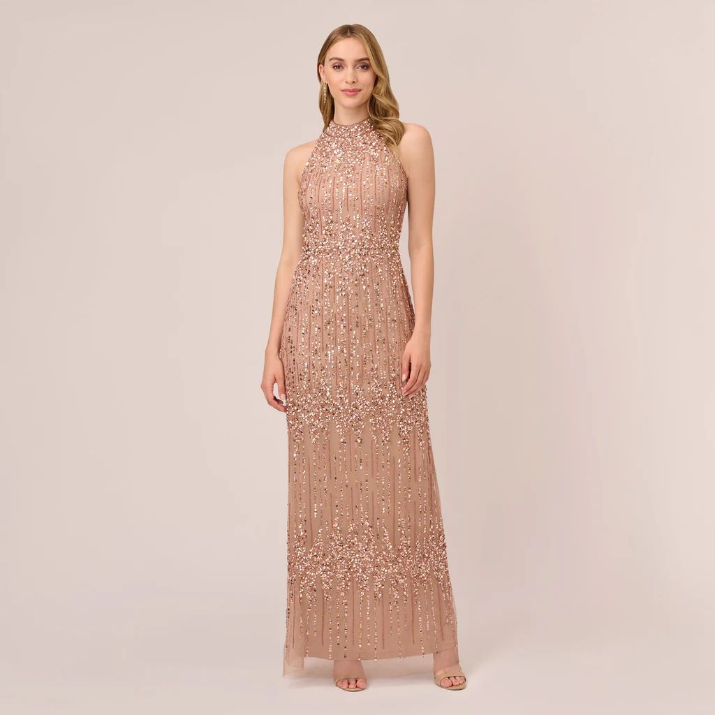 Beaded Column Gown With Mock Neckline In Rose Gold | Adrianna Papell