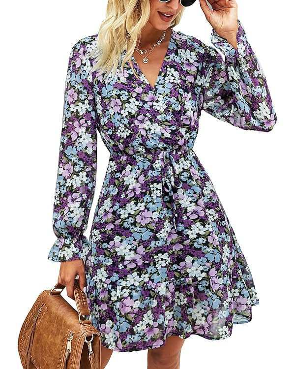 KIRUNDO Women's 2023 Fall Dresses Casual Long Sleeve Floral Print V Neck Ruffle High Waist Flowy ... | Amazon (US)