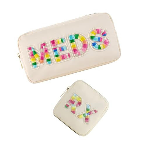 uekeboag 2Pcs Personalized Nylon Rx MEDS Cosmetic Bag, Cute Chenille Letter Patch Medicine Drug Pouch with Zipper,Preppy Makeup Travel Vitamin Bag for Women and Girls (RX+MEDS) | Amazon (US)