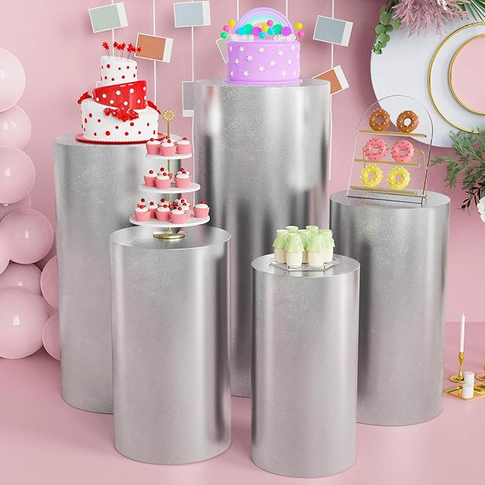 Spandex Cylinder Pedestal Covers Silver Set of 5 Cylinder Plinth Stand Cover for Parties Wedding ... | Amazon (US)