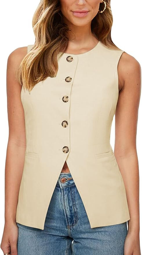 Fallorchid Womens Round neck Suit Vest Sleeveless Button Business Jacket Waistcoat Top | Amazon (US)