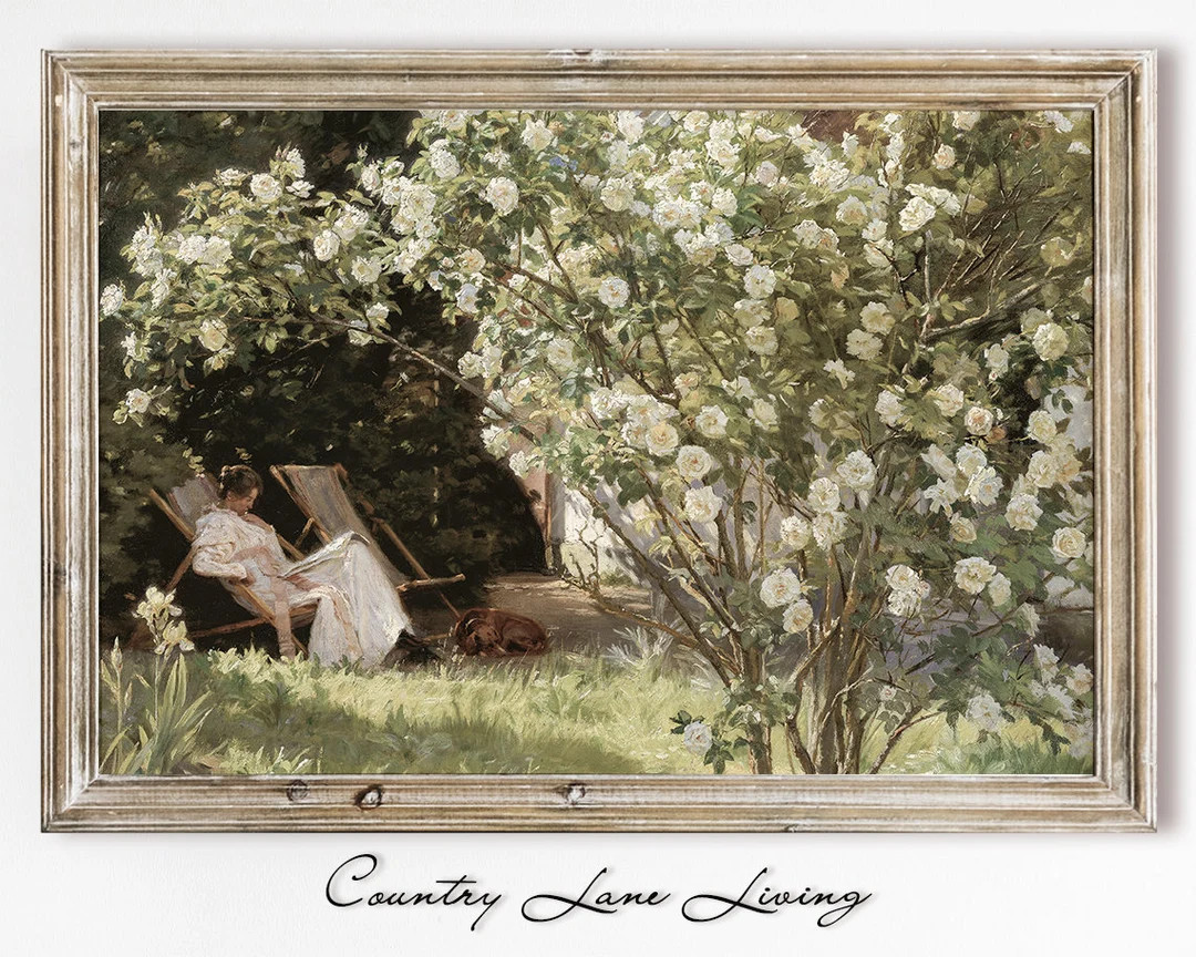 Peaceful Garden Portrait Oil Painting Download Green Toned Vintage Rustic Art Print at Home Poste... | Etsy (US)