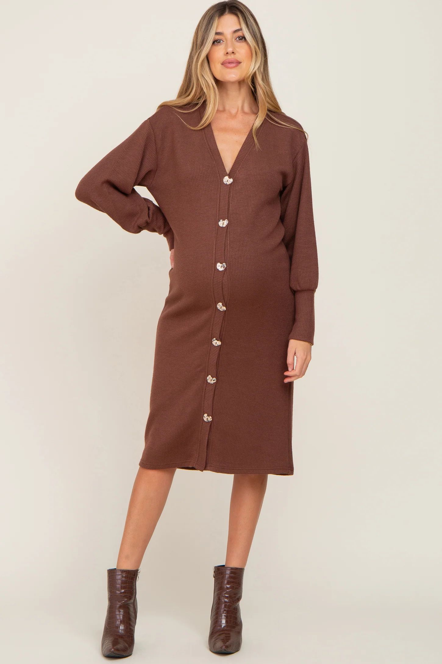 Brown Long Button Down Maternity Cardigan/Dress | PinkBlush Maternity