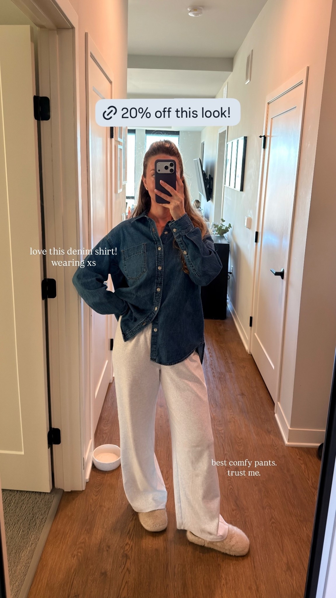 best comfy pants. 
trust me.  love this denim shirt!
wearing xs