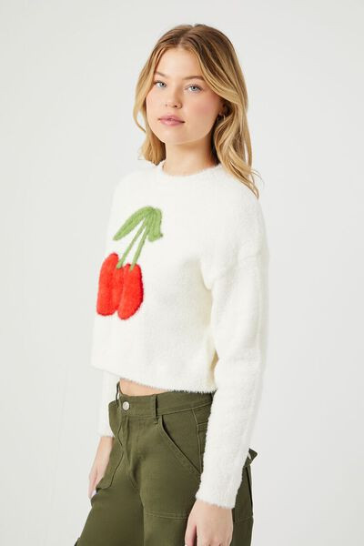 Cropped Fuzzy Knit Cherry Sweater | Forever 21 (US)