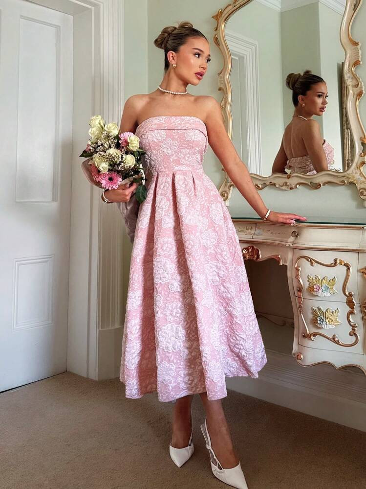 Glamine Glamine Sexy Elegant, Simple And Charming Off-Shoulder Tube Top Pink Three-Dimensional Texture Jacquard Early Spring New Waist Large A-Line Mid-Length, Suitable For Valentine's Day, Vacation, Daily Dating, Attending Parties And Weddings Bridgerton Tea Party Dress Tea Length Dress Garden Party Dress Cherry Blossom Dress Pink Strapless Dress | SHEIN