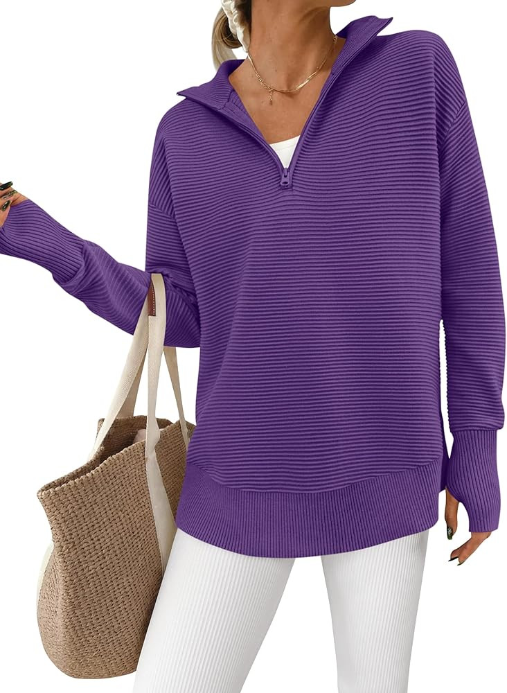PRETTYGARDEN Womens Long Sleeve Quarter Zip Pullover Sweater Casual Loose V Neck Collared Ribbed ... | Amazon (US)