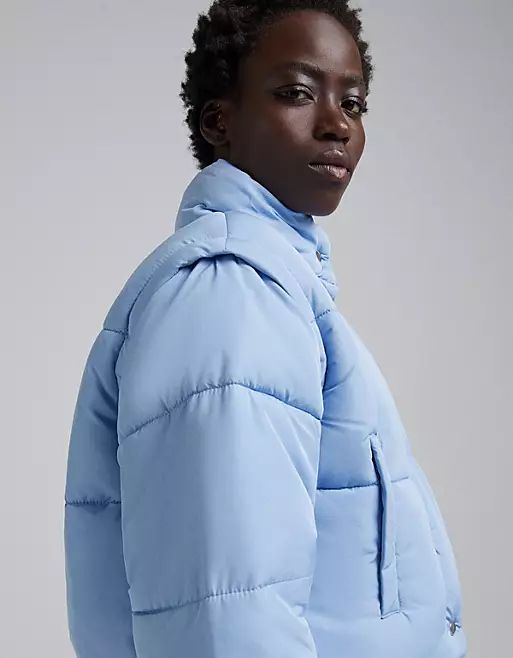 Bershka cropped puffer jacket in blue | ASOS (Global)