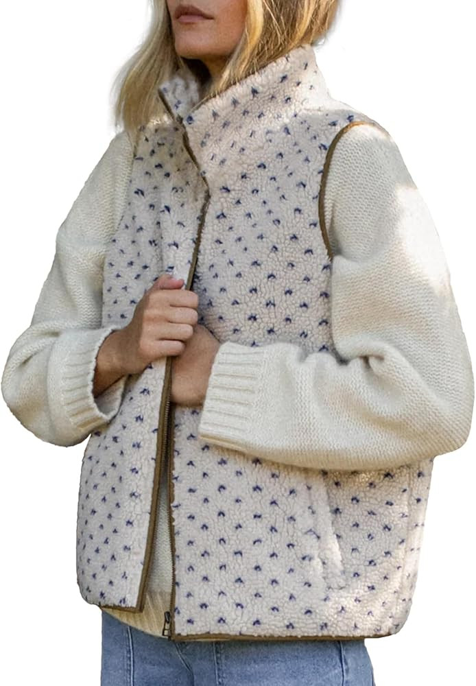 Fleece Vest Women Mock Neck Polka Dot Sherpa Vests Full Zipper Fuzzy Jacket Oversized Gilet Outer... | Amazon (US)