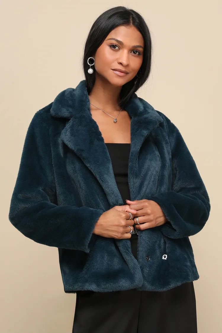 Seasonal Poise Teal Faux Fur Collared Jacket | Lulus