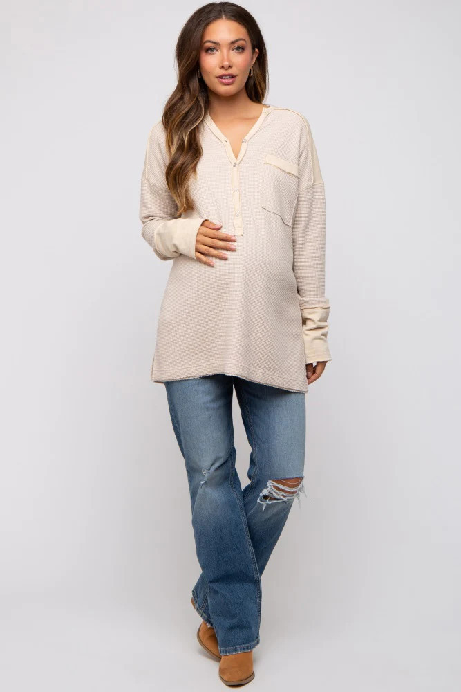 Beige Colorblock Waffle Knit Henley Maternity Top | PinkBlush Maternity