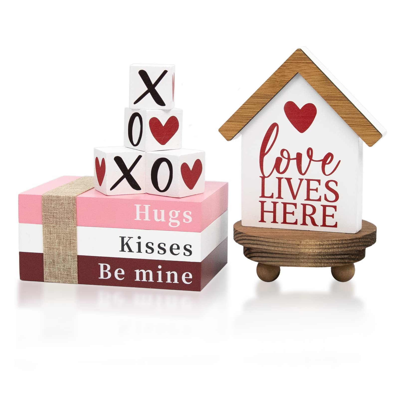 DAZONGE Valentines Day Decor, 6PCS Valentine Tiered Tray Decor, Be Mine Book Stack, XOXO, Love Lives | Amazon (US)