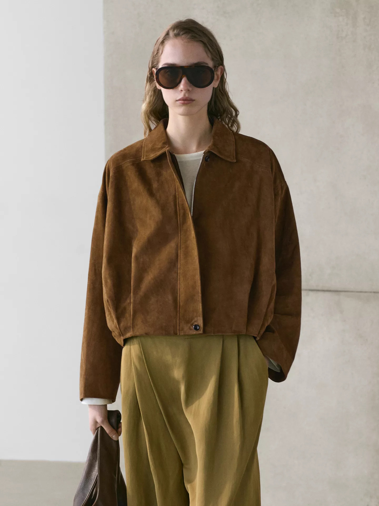 Short suede leather bomber jacket | Massimo Dutti UK