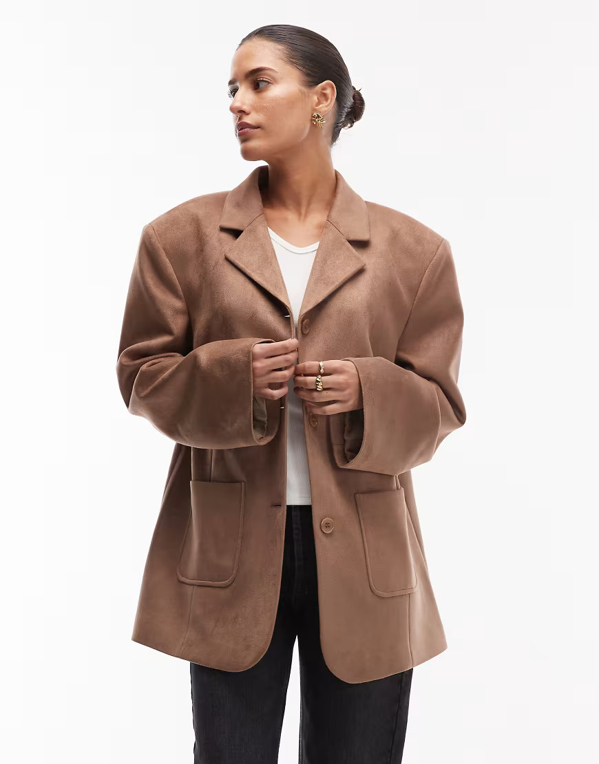 ASOS DESIGN faux suede high break oversized blazer in beige-Neutral | ASOS (Global)