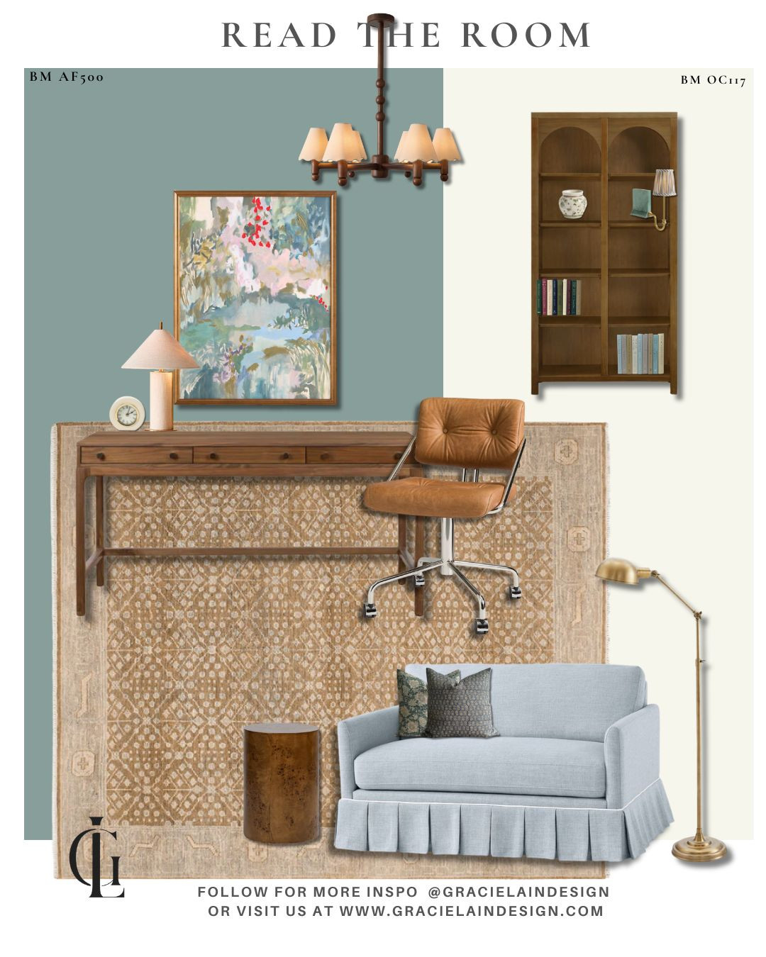 Read the room. 📚✨
Taking inspiration from Carolyn Misterek's colorful print, this home office which doubles as a reading room, is designed to spark creativity and invite you to slow down. Wrapped in Benjamin Moore's Atmospheric, the space is layered with warm woods, rich brass, cozy seating, & grounded with a soft tonal wool rug.  Little details throughout include a bookshelf light, hand painted ceramics, and shagreen desk clock. It is truly a thoughtful, inviting, and inspiring space. 
Discover more of our work at gracielaindesign.com.
#ReadTheRoom #HomeOfficeDesign #InteriorDesign #BenjaminMoore #Atmospheric #ColorfulInteriors #CozySpaces #HomeLibrary #ReadingNook #DesignInspiration #LuxuryInteriors #InteriorStyling #BrassAccents #HandPaintedCeramics #BookcaseStyling #GracielainDesign #InspiredLiving 

 #LTKHome #LTKSaleAlert