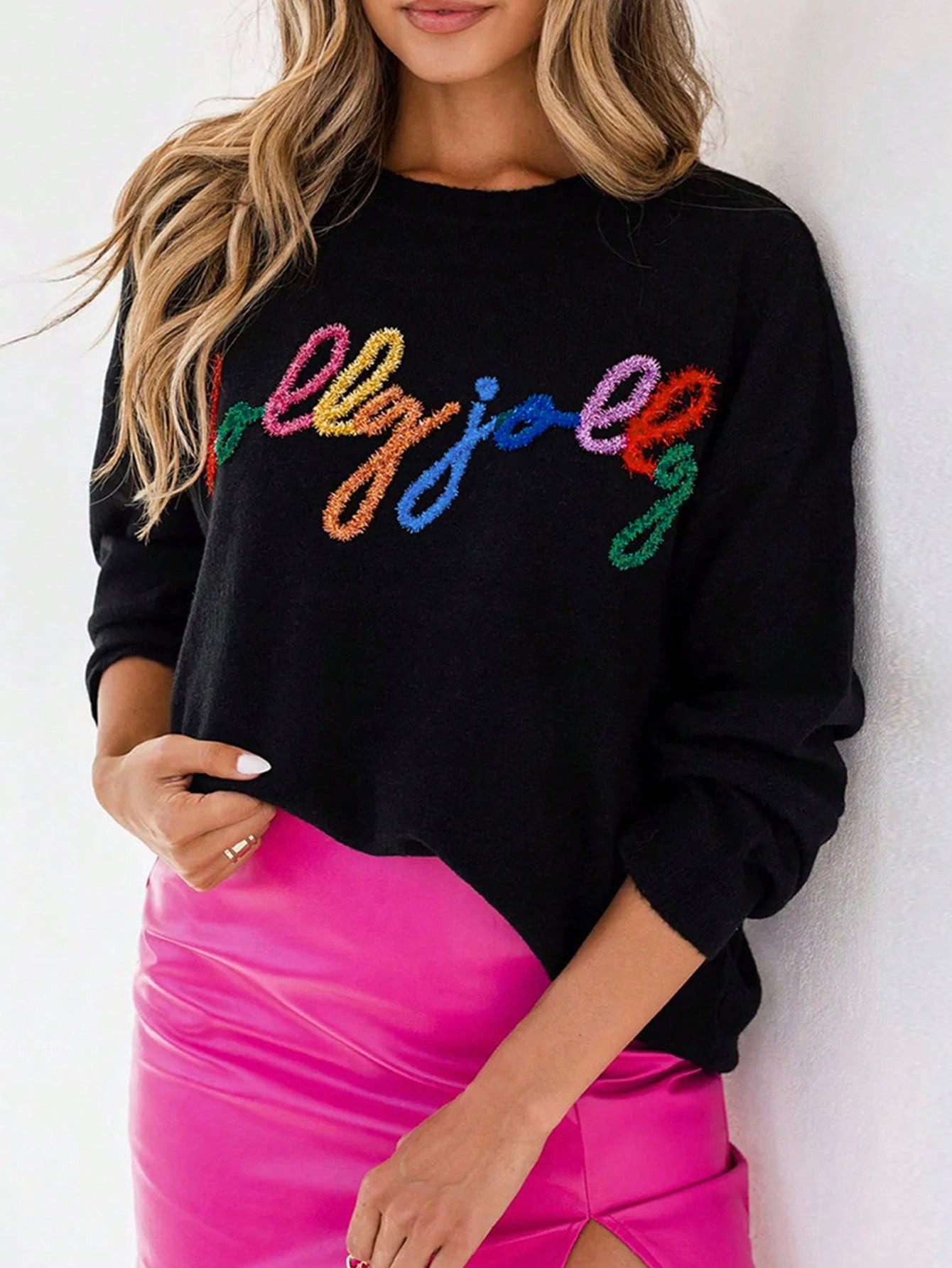 Casual Colorful Letter Round Neck Knitted Sweater For Autumn/winter | SHEIN USA | SHEIN