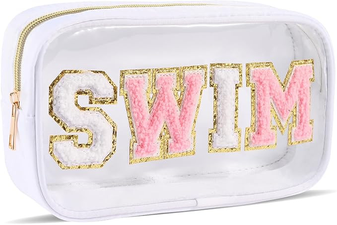 Swim Pouch Bag Clear Makeup Bags with Zipper Preppy Chenille Letter Patch Cosmetic Bag Beach Pool... | Amazon (US)