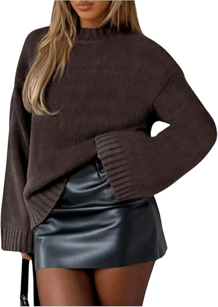 SOLY HUX Sweaters for Women Mock Neck Drop Shoulder Long Sleeve Knit Sweater Loose Pullover Tops | Amazon (US)