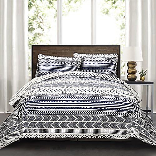 Lush Decor Quilt Hygge Geo Pattern Striped 3 Piece Bedding Set, King, Navy & White | Amazon (US)