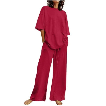 Womens Travel Outfit Vacation Outfits for Women Clothing Set Female Round Neck Short Sleeve Tops Pants Sets Long Pant Style S_711 Women s Tracksuits Red S | Walmart (US)