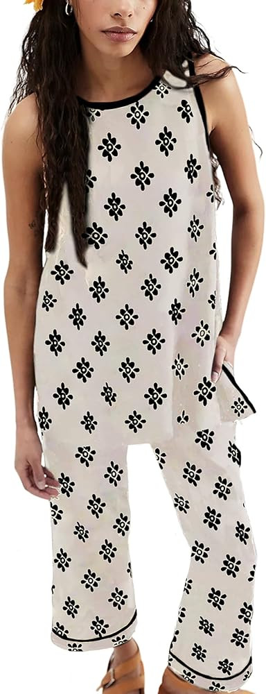 SCUSTY Women's 2 Piece Set Printed Lounge Matching Set Sleeveless Top & Long Pants Casual Loungew... | Amazon (US)