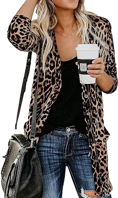Women's Leopard Printed Cardigans Shirt Lightweight Button Down Cardigans Coat W Pockets(S-2XL) | Amazon (US)
