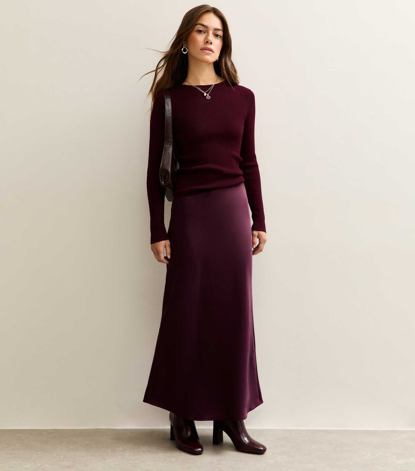 Petite Burgundy Satin Midi Skirt | New Look | New Look (UK)