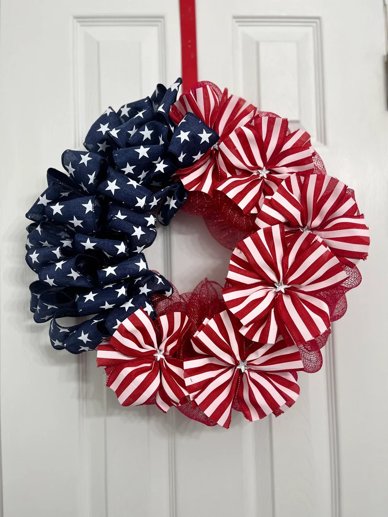 4th of July Stars and Stripes Patriotic Ribbon Wreath, Flag Wreath | Etsy (US)