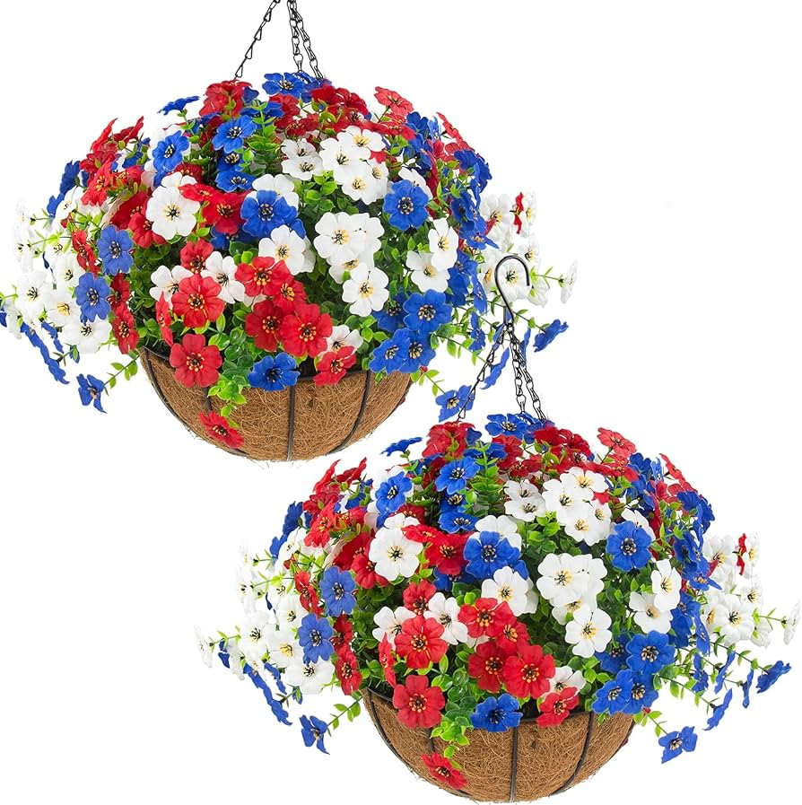 Hananona 2 Set Artificial Outdoor Flowers with Hanging Basket, 2 Hanging Planters with 24 Pcs Pat... | Amazon (US)