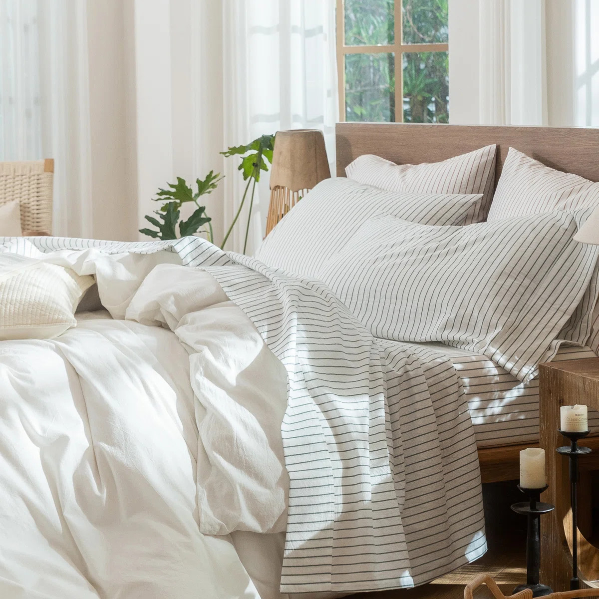 MooMee Striped Sheet Set 100% Washed Cotton Linen Like Textured Breathable Lightweight | Wayfair North America
