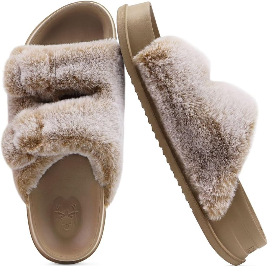 KuaiLu Women's Fluff Slippers Plantar Fasciitis Arch Support Platform Slippers Ladies Fashion Ope... | Amazon (US)