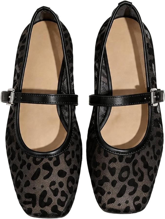 Milumia Leopard Mesh Ballet Flats for Women，Comfortable Dressy Square Closed Toe Maryjane Flat Ballerina Casual Work Shoes | Amazon (US)