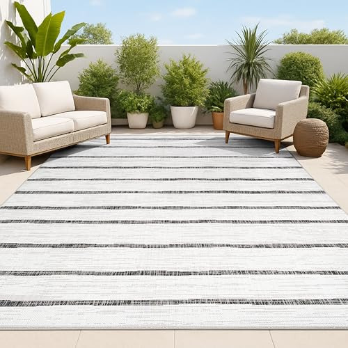 JONATHAN Y Berber Stripe Indoor Outdoor Area Rug 10X14 Ivory/Black, Colonia for Backyard, Patio, ... | Amazon (US)