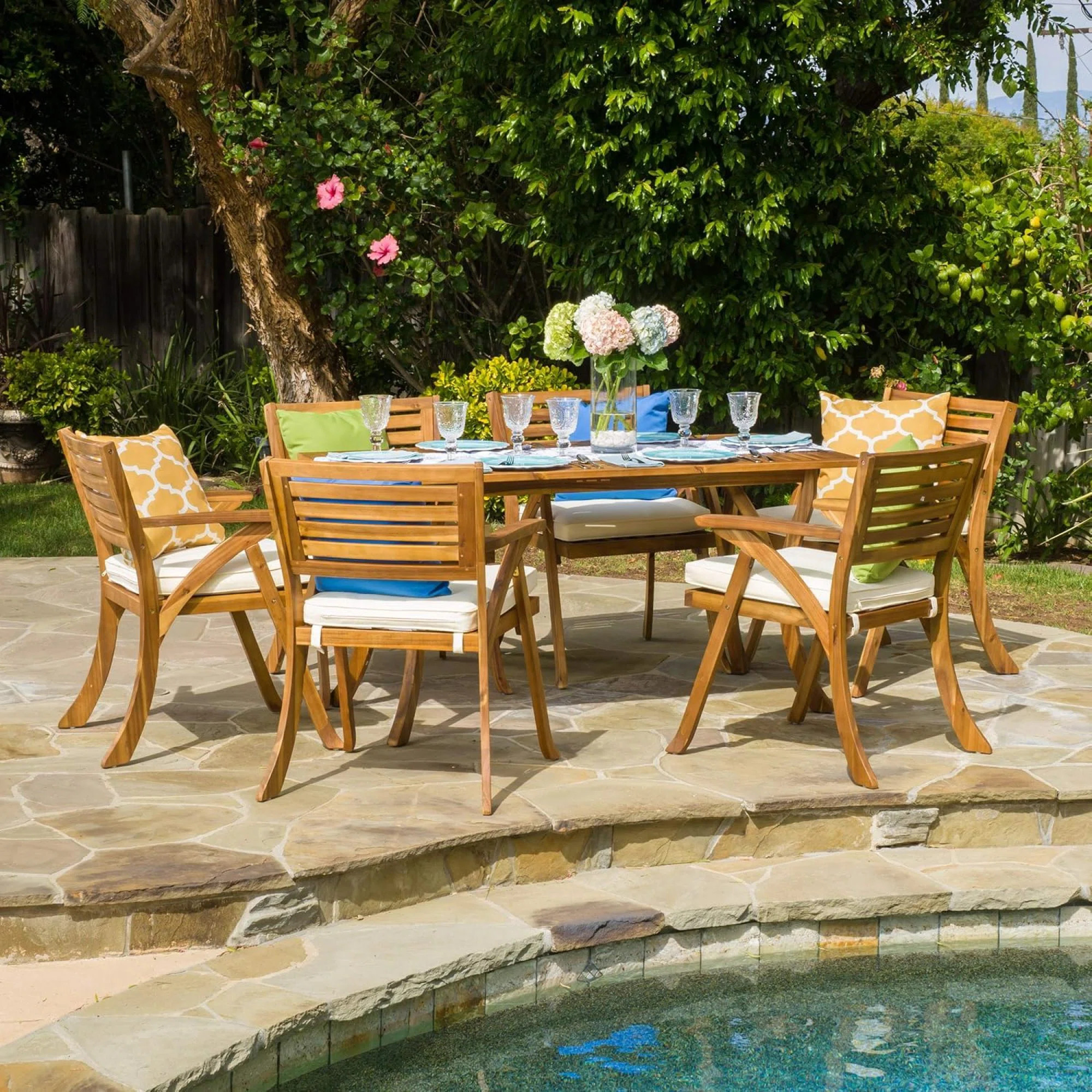 Brizio 7 Piece Teak Dining Set with Cushions | Wayfair North America
