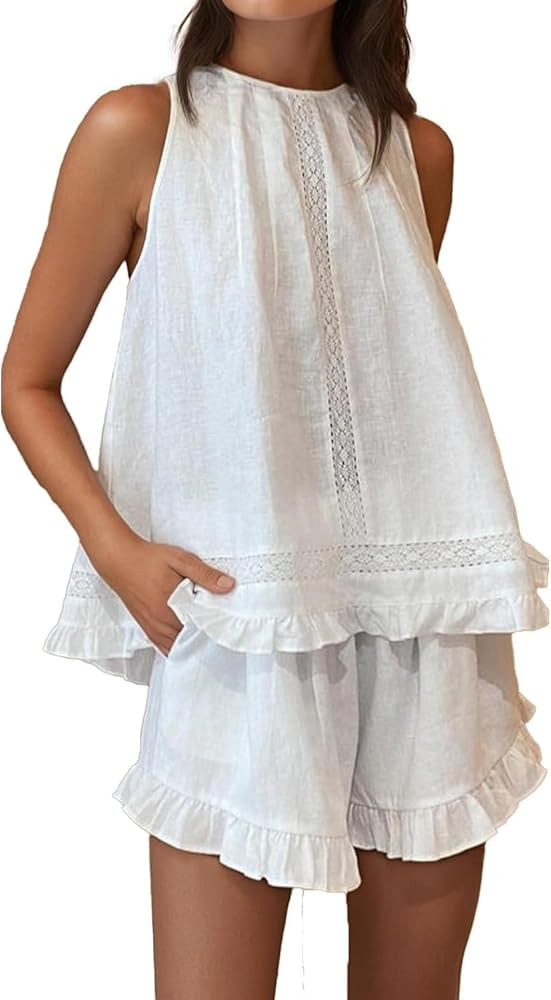 Mxiqqpltky Linen Pajamas Women Set Sleeveless Lace Trim Tank Top and Boxer Shorts Y2k Ruffle Matc... | Amazon (US)