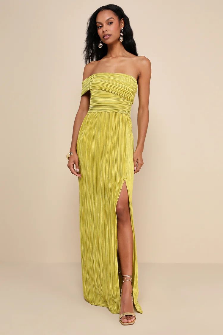 Poised Performance Chartreuse Plisse One-Shoulder Maxi Dress | Lulus