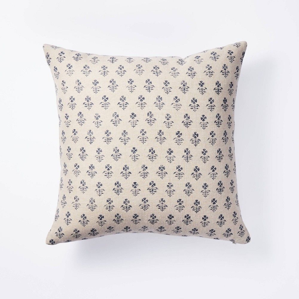 Square Floral Block Print Throw Pillow Neutral/Navy - Threshold designed with Studio McGee | Target