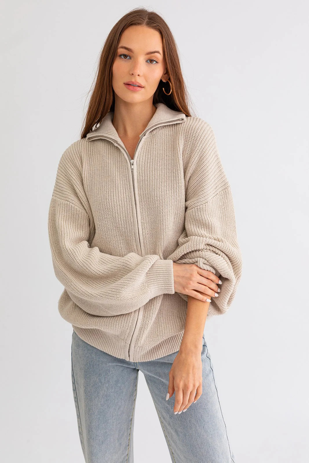 Taupe Oversized Zip Up Cardigan | PinkBlush Maternity