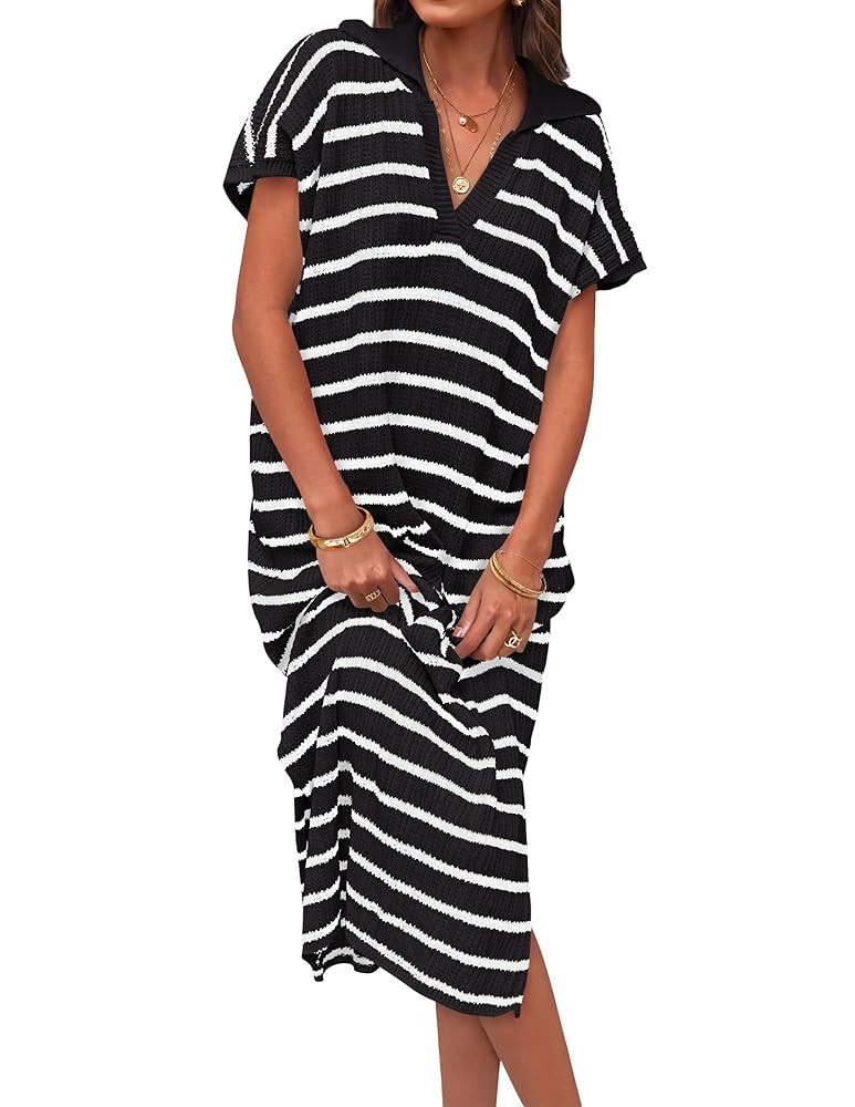 ZESICA Women's Summer Striped Midi Dress 2025 Casual Short Sleeve V Neck Loose Knitted Side Slit ... | Amazon (US)