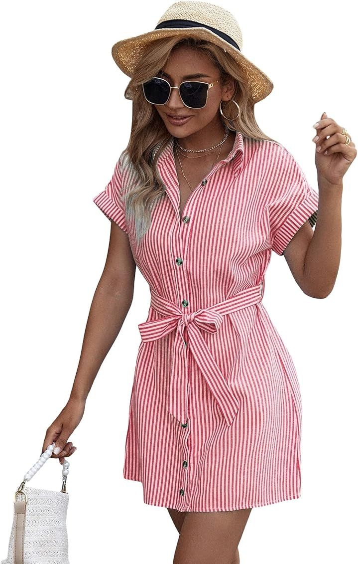 COZYEASE Women's Striped Print Belted Shirt Dress Button Front Short Sleeve Mini Dresses | Amazon (US)