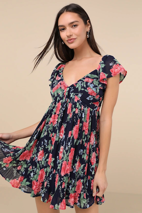 Amalfi Coast Dark Navy Floral Pleated Flutter Sleeve Mini Dress | Lulus
