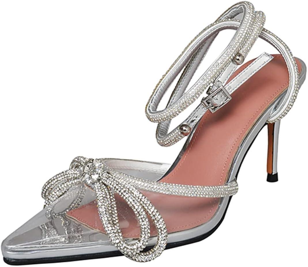 Women's Lace up High Heeled Sandals Ankle Buckle Strap Rhinestone Bowknot Stilettos Satin Pointy ... | Amazon (US)