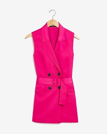 Satin Sleeveless Belted Double Breasted Blazer Vest | Express